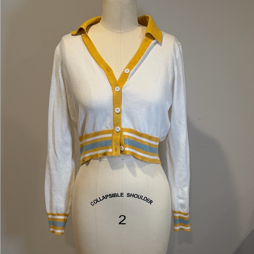 Belle Poque White and Yellow Button-Up Cardigan Sweater